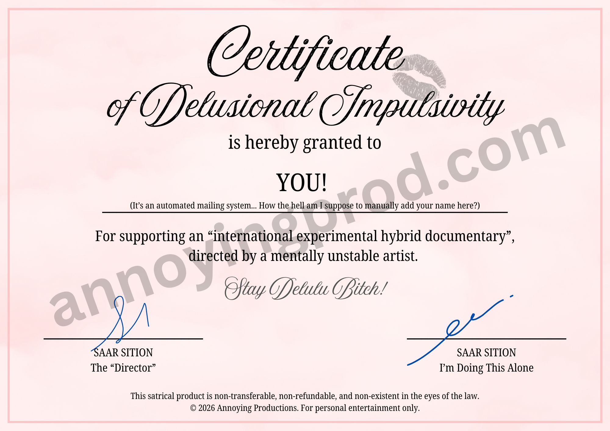 Certificate of Delusional Impulsivity