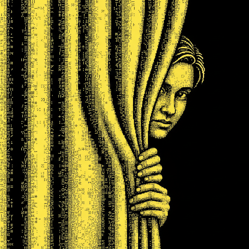 Illustration of a person peeking from behind a yellow curtain on a black background