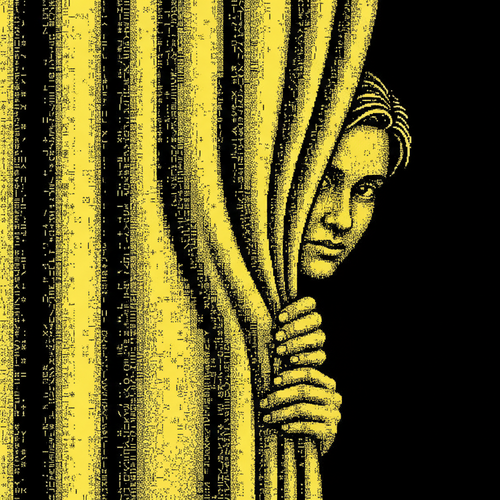 Illustration of a person peeking from behind a yellow curtain on a black background